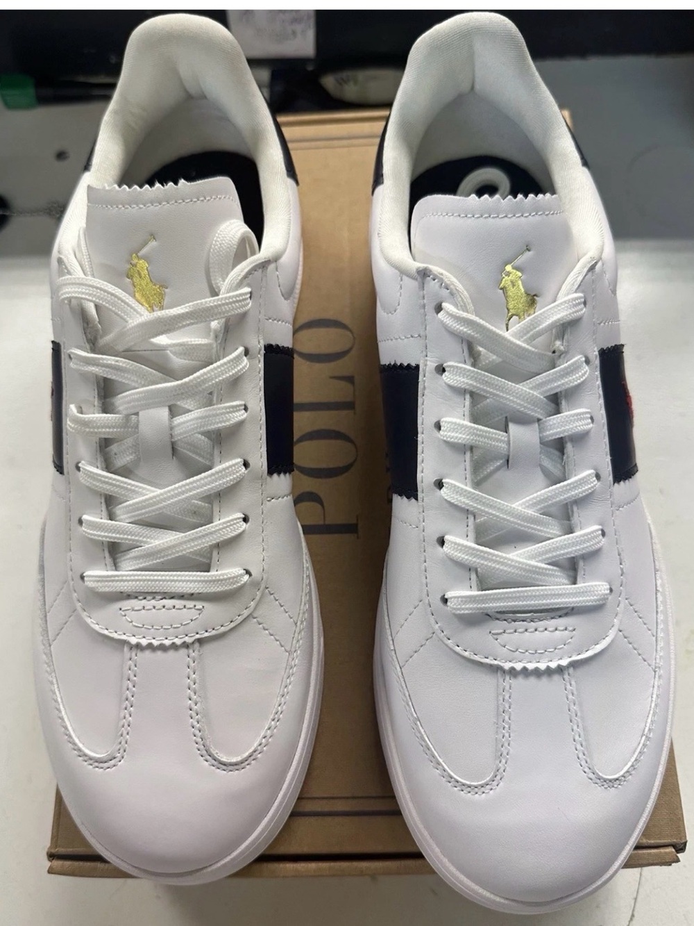 Polo by Ralph Lauren White Leather Sneakers with Black Stripe and Gold Logo
